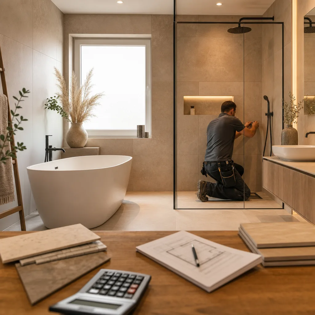 Modernes Badezimmer mit beiger Fliese, freistehender Badewanne und Walk-in-Dusche, Kostenübersicht 2026