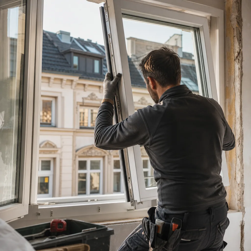 Grafik mit Fensterkosten 2026 nach Material und Verglasung, Vergleich von Kunststoff, Aluminium und Holz mit 2-fach und 3-fach Verglasung.