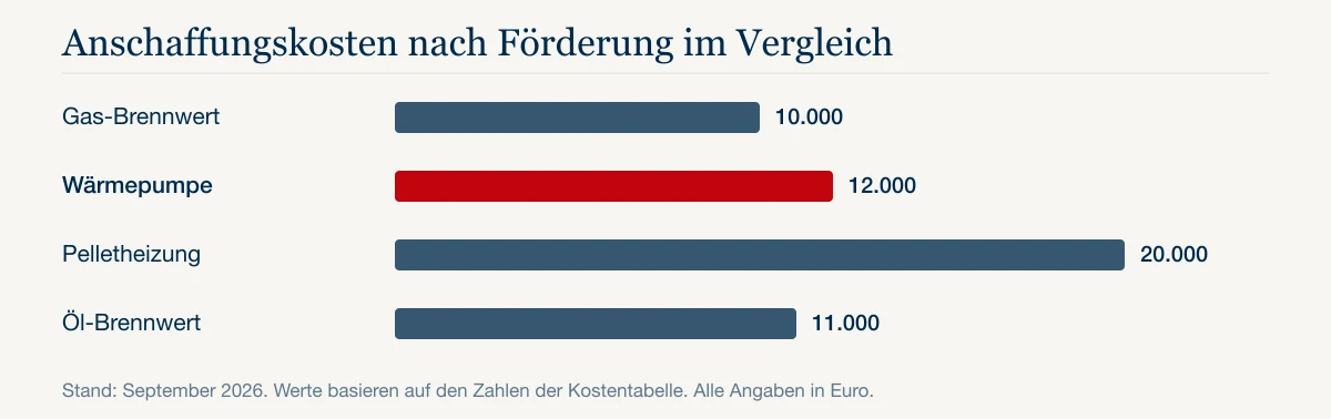 Anschaffungskosten nach Förderung im Vergleich: Gas-Brennwert 10.000, Wärmepumpe 12.000, Pelletheizung 20.000, Öl-Brennwert 11.000