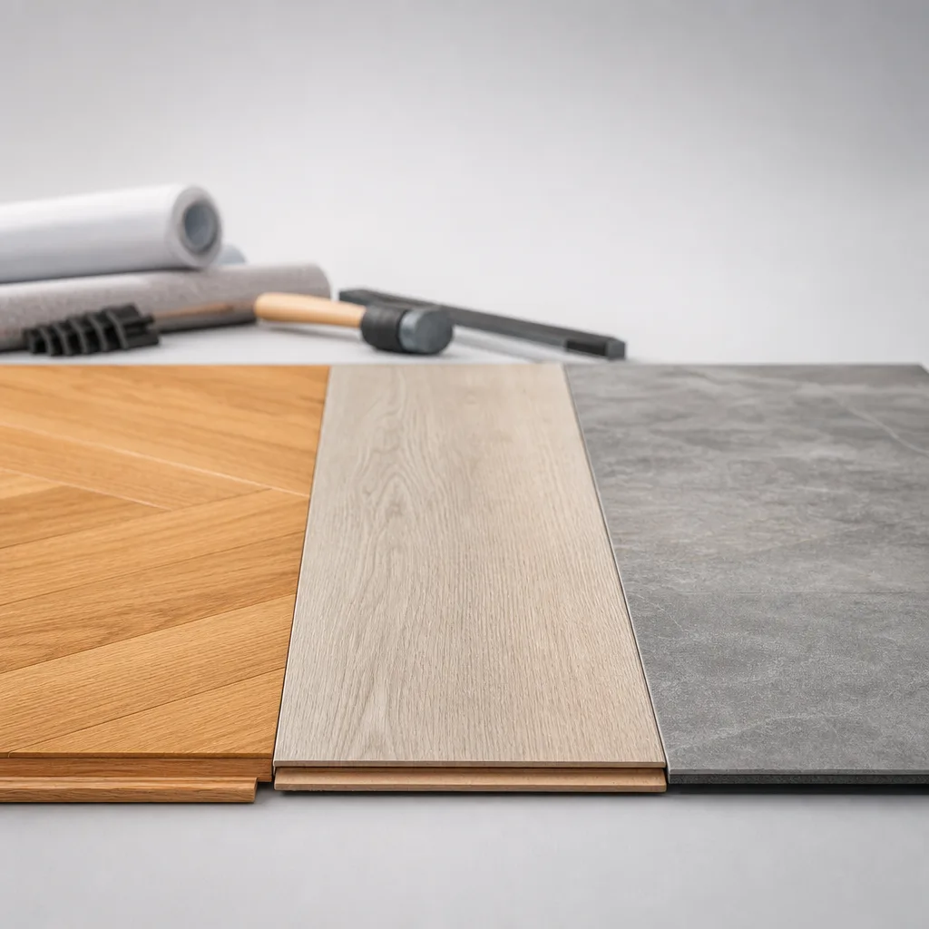 Nahaufnahme von Holzparkett, Laminatdielen und Vinylboden als Muster nebeneinander
