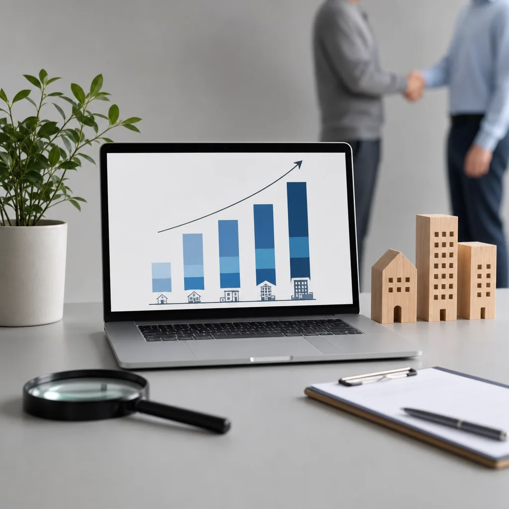 Illustration zu monatlichen SEO-Agentur Kosten mit Taschenrechner, Diagramm und Lupe auf einem Schreibtisch