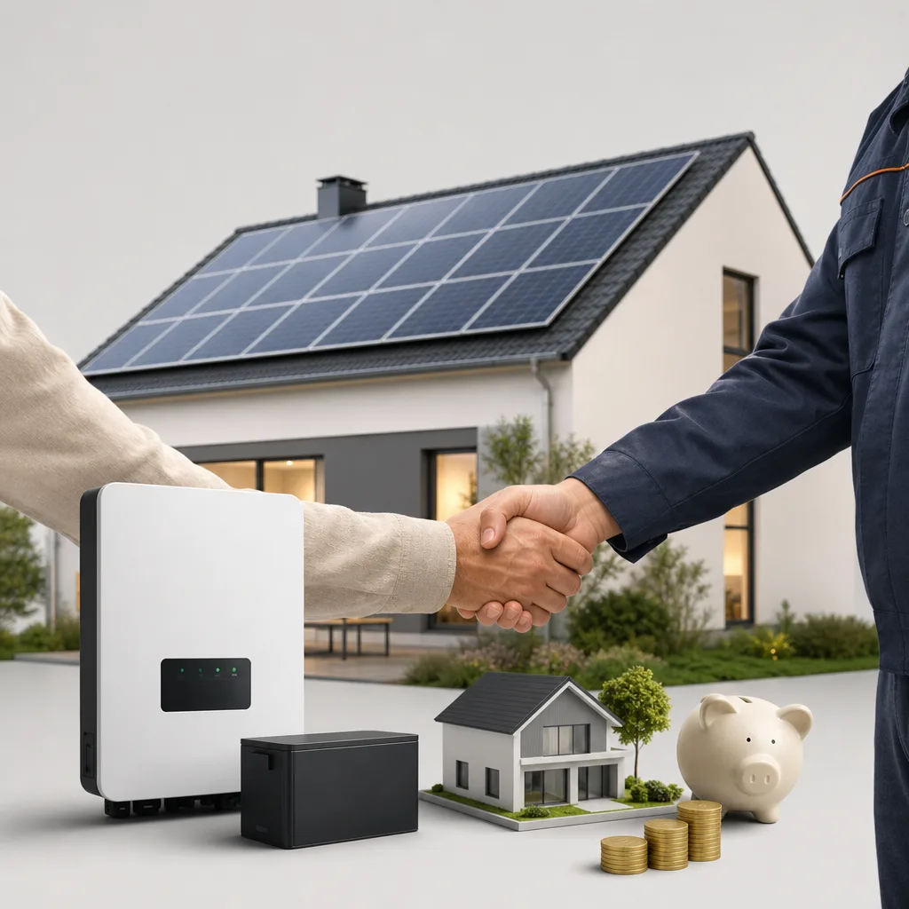 Photovoltaikanlage auf einem Einfamilienhausdach mit Solarmodulen und Wechselrichter, September 2026
