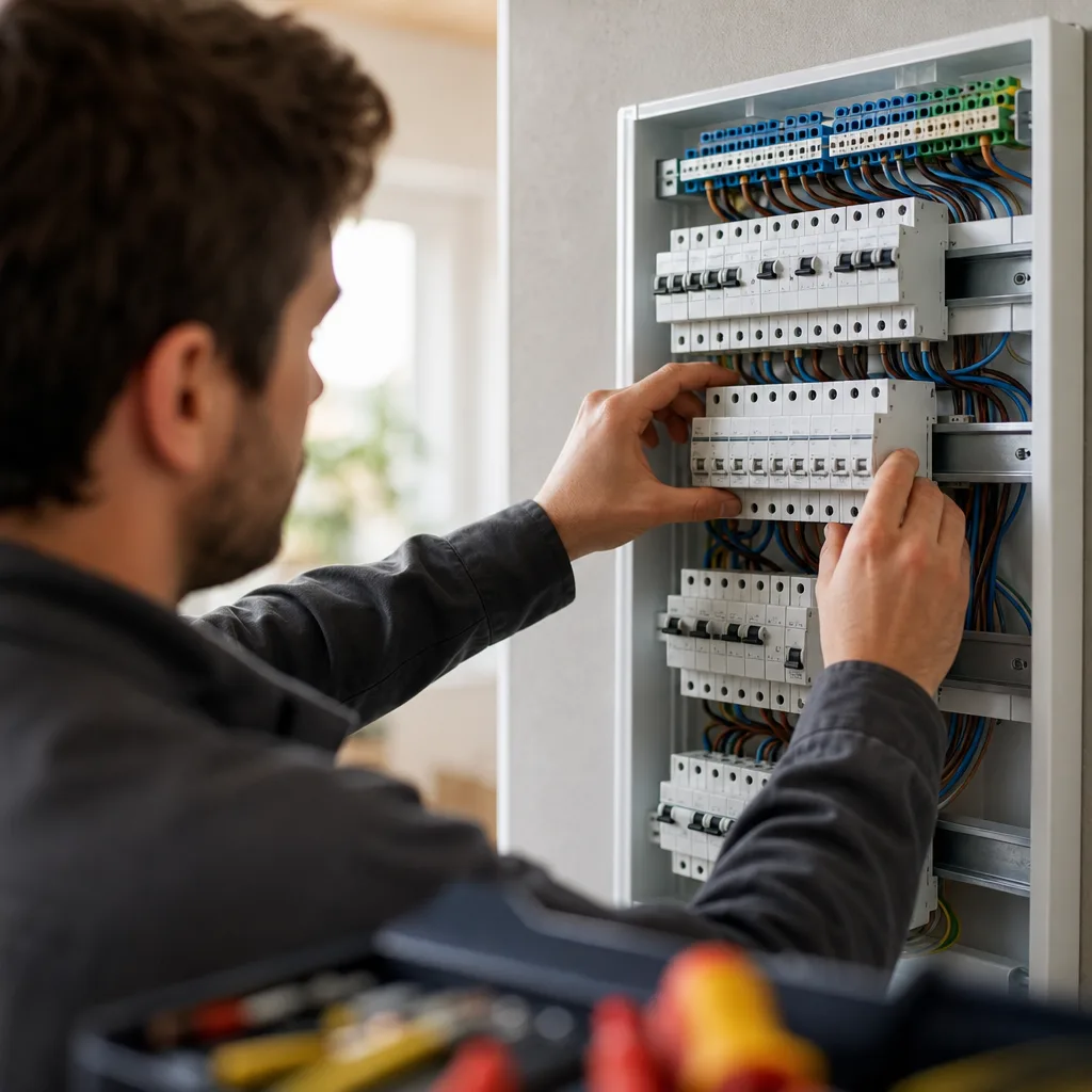 Elektriker montiert eine moderne Unterverteilung mit Sicherungsautomaten